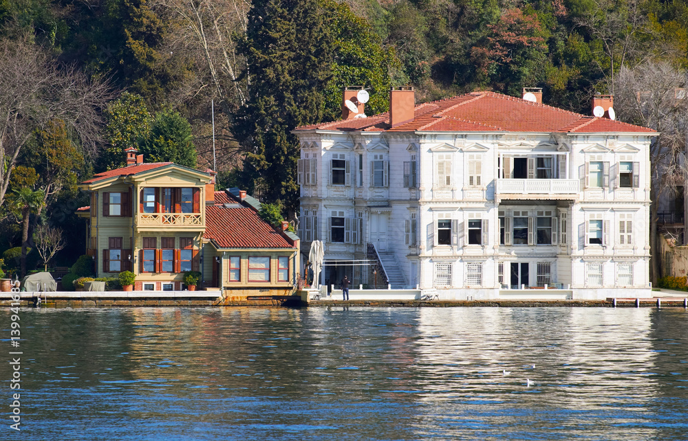 Architecture on the Bosphorus Strait. Restoration of wooden mansions, Istanbul in Turkey.