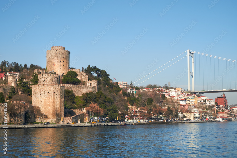Ottoman fortress and  Architecture on the Bosphorus Strait. Hisar Fortress Istanbul in Turkey.