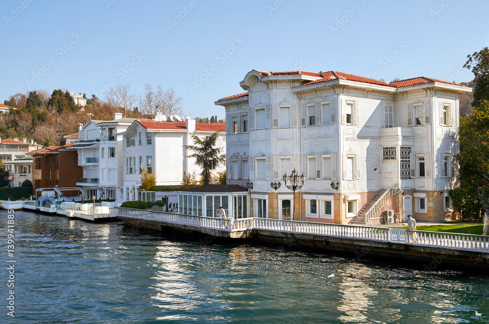 Luxury homes, a traditional Turkish yalis on the Bosphorus Strait, Istanbul in Turkey.