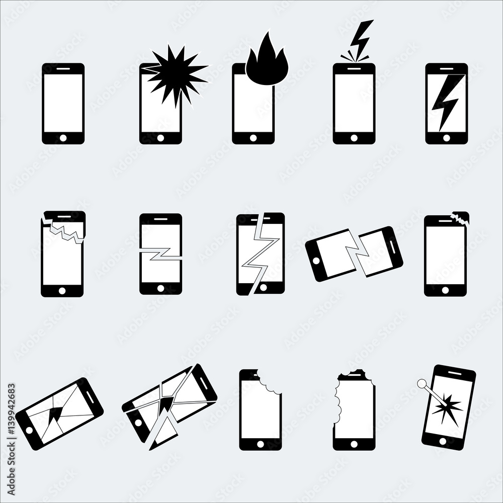 Broken crashed phone icon set Broken crashed phone icon set