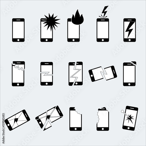 Broken crashed phone icon set
