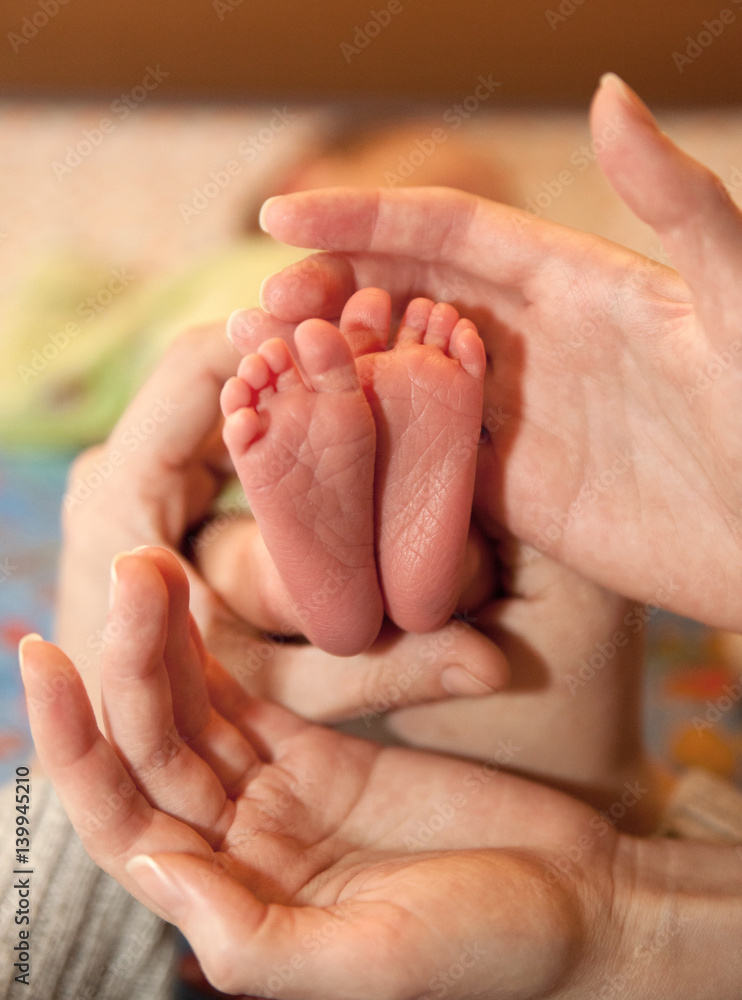 Infant heels in mother's and fathers hands Infant heels in mother's and fathers hands