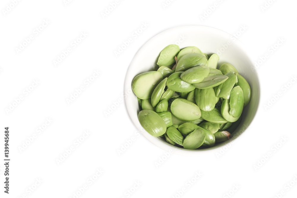 Parkia speciosa in cup on white background ( bean petai, twisted, cluster, stink, bitter, sato ) Parkia speciosa in cup on white background ( bean petai, twisted, cluster, stink, bitter, sato )
