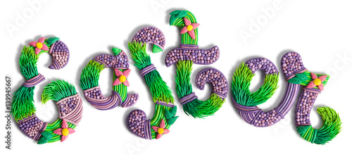 Clay putty and plasticine handmade Easter holiday lettering. Easter letters sculpting. Spring bright typography isolated on black background. Putty design template.