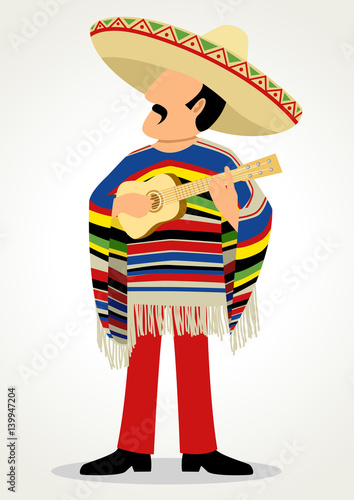 Mexican man playing guitar wearing poncho