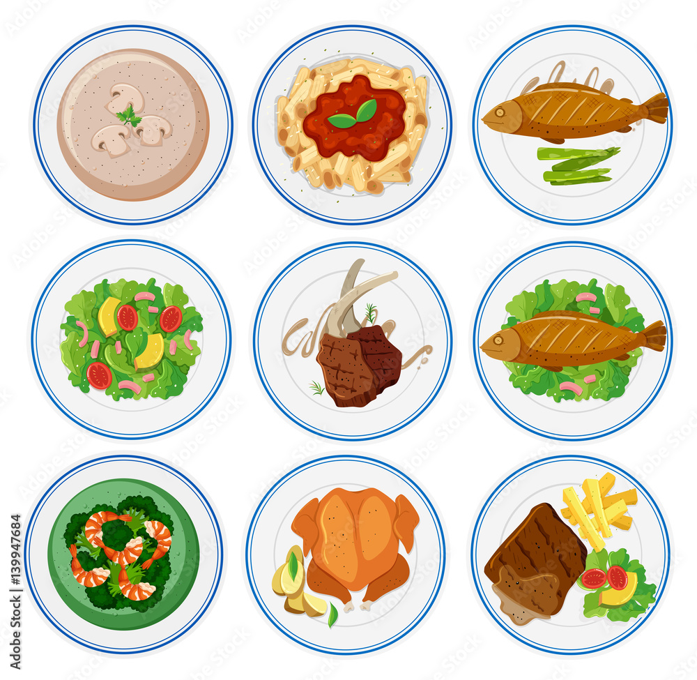 Different types of food on round plates