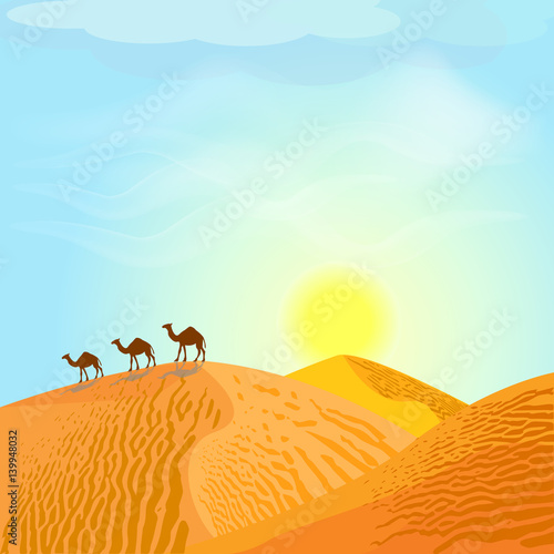 Desert with dunes and camels. Sunset in blue sky. Desert landscape. Vector illustration