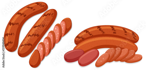 Grilled sausages on white background