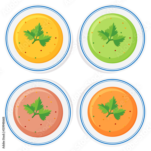 Different types of soup in bowls