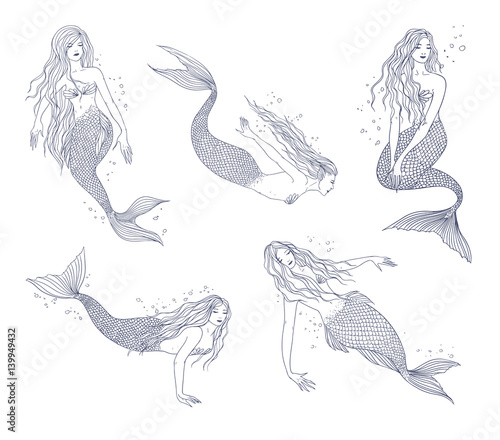 Mermaid in various postures hand drawn contour illustration set. Collection naiad.