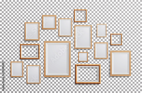 Realistic Photo Frame Vector. Set Square, A3, A4 Sizes Light Wood Blank Picture Frame, Hanging On Transparent Background From The Front. Design Template For Mock Up.