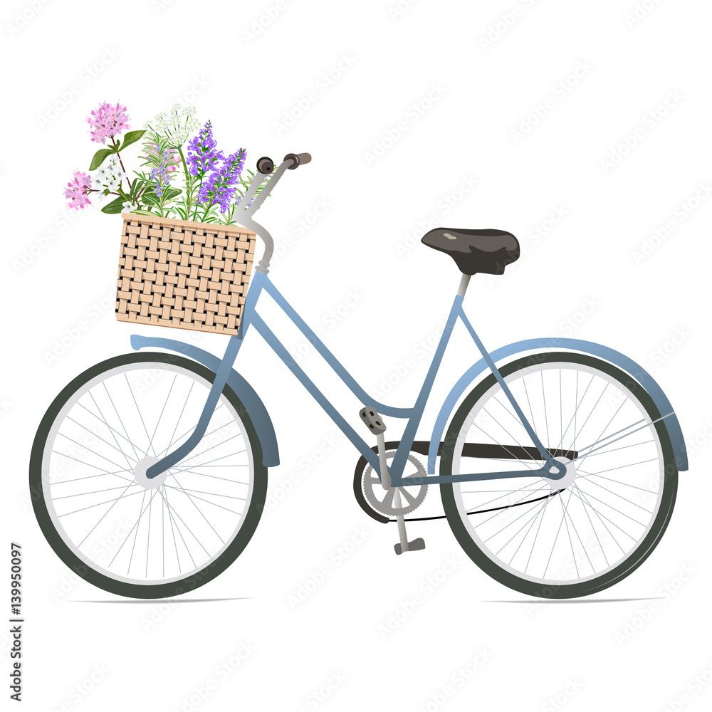 Bicycle with flowers in basket.