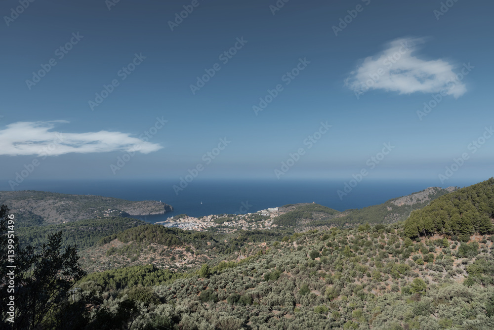 high angle view of the town of Port de Soller on the island of Majorca, Spain