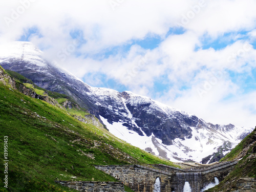 Beautiful view of water reservoir in gornergrat with snow alp background