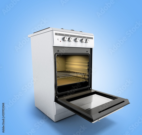 open gas stove 3d render on blue background