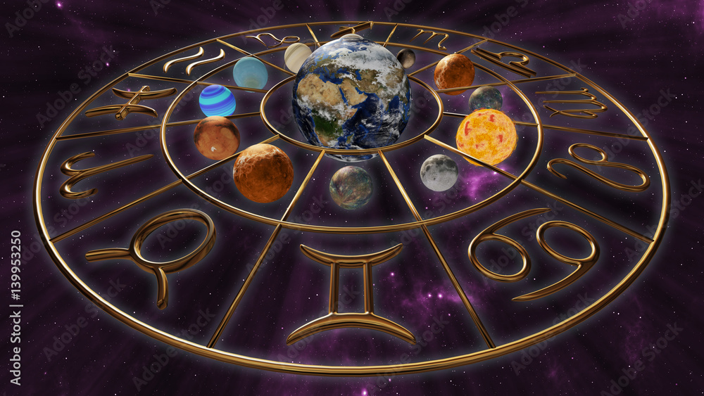 Mystic golden zodiac horoscope symbol with twelve planets in cosmic scene. 3D rendering - obrazy, fototapety, plakaty 