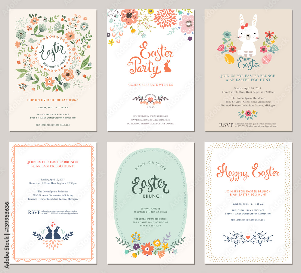 Cute Happy Easter templates with eggs, flowers, floral wreath, rabbit and typographic design.