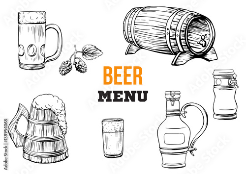 Beer menu elements in sketch hand drawn style including bottles, glasses, growle, pint, hop. Vector illustration