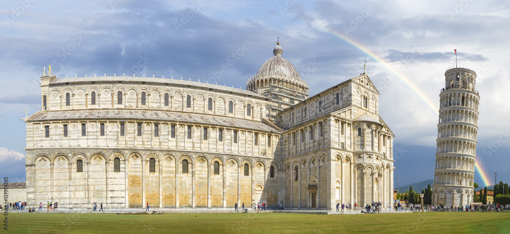 Piazza dei miracoli, with the Basilica and the leaning tower. Pisa, Italy.