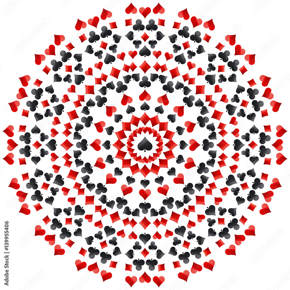 Gambling poker round mandala with red and black symbols, vector illustration. Ideal for printing onto fabric and paper or scrap booking. Gambling poker round mandala with red and black symbols, vector illustration. Ideal for printing onto fabric and paper or scrap booking.