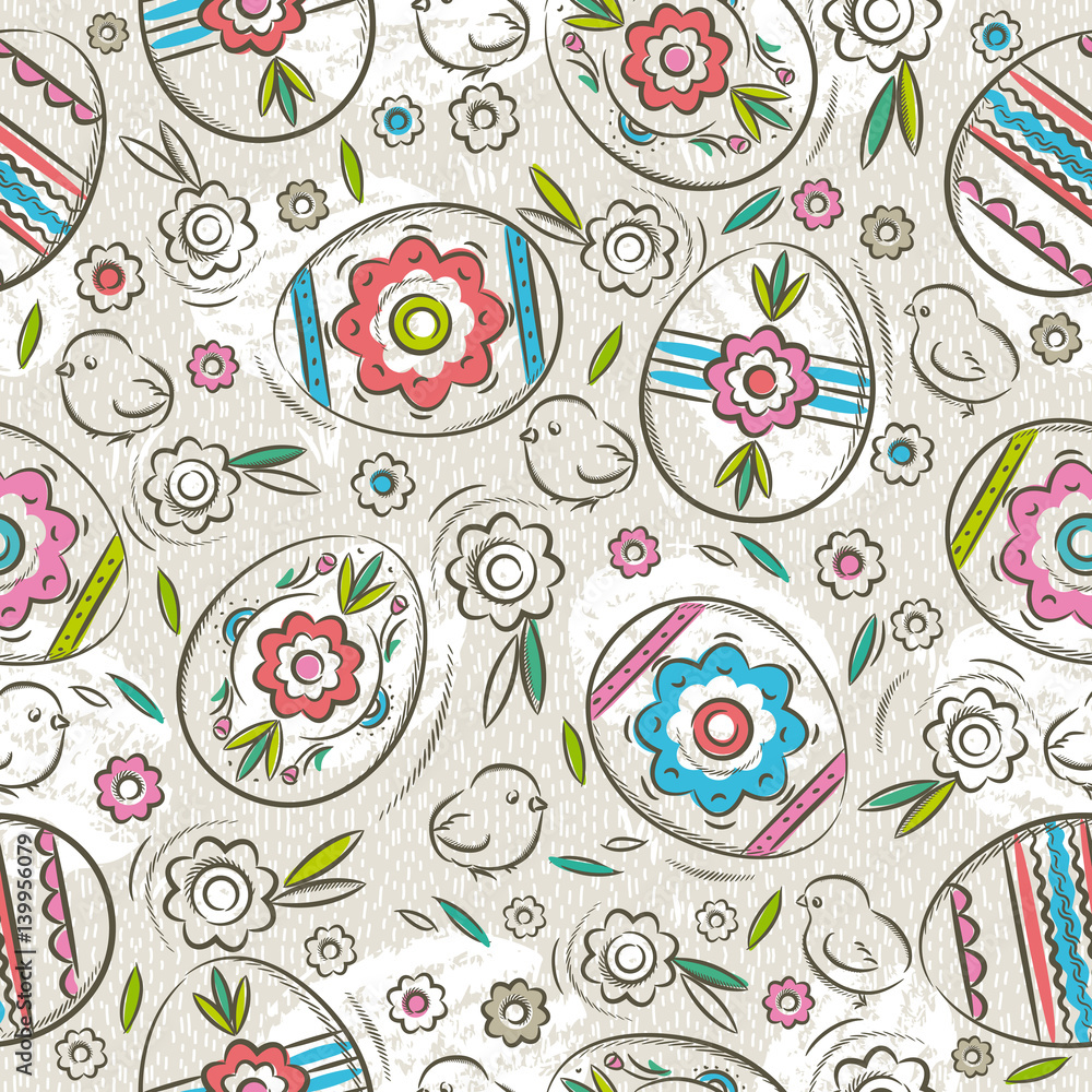 Fototapeta premium Seamless pattern with color easter eggs, flowers and chicks.Ideal for printing onto fabric and paper or scrap booking, vector illustration