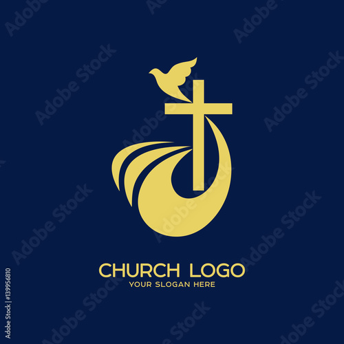 Church logo. Christian symbols. The cross of Jesus Christ and the Holy Spirit is a dove.