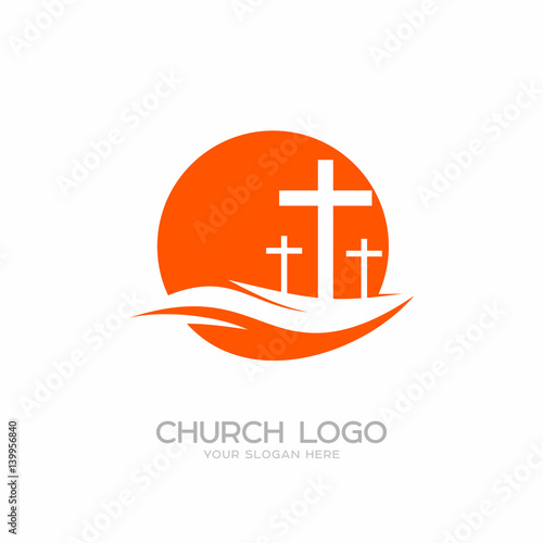 Church logo. Christian symbols. Three crosses on a hill.
