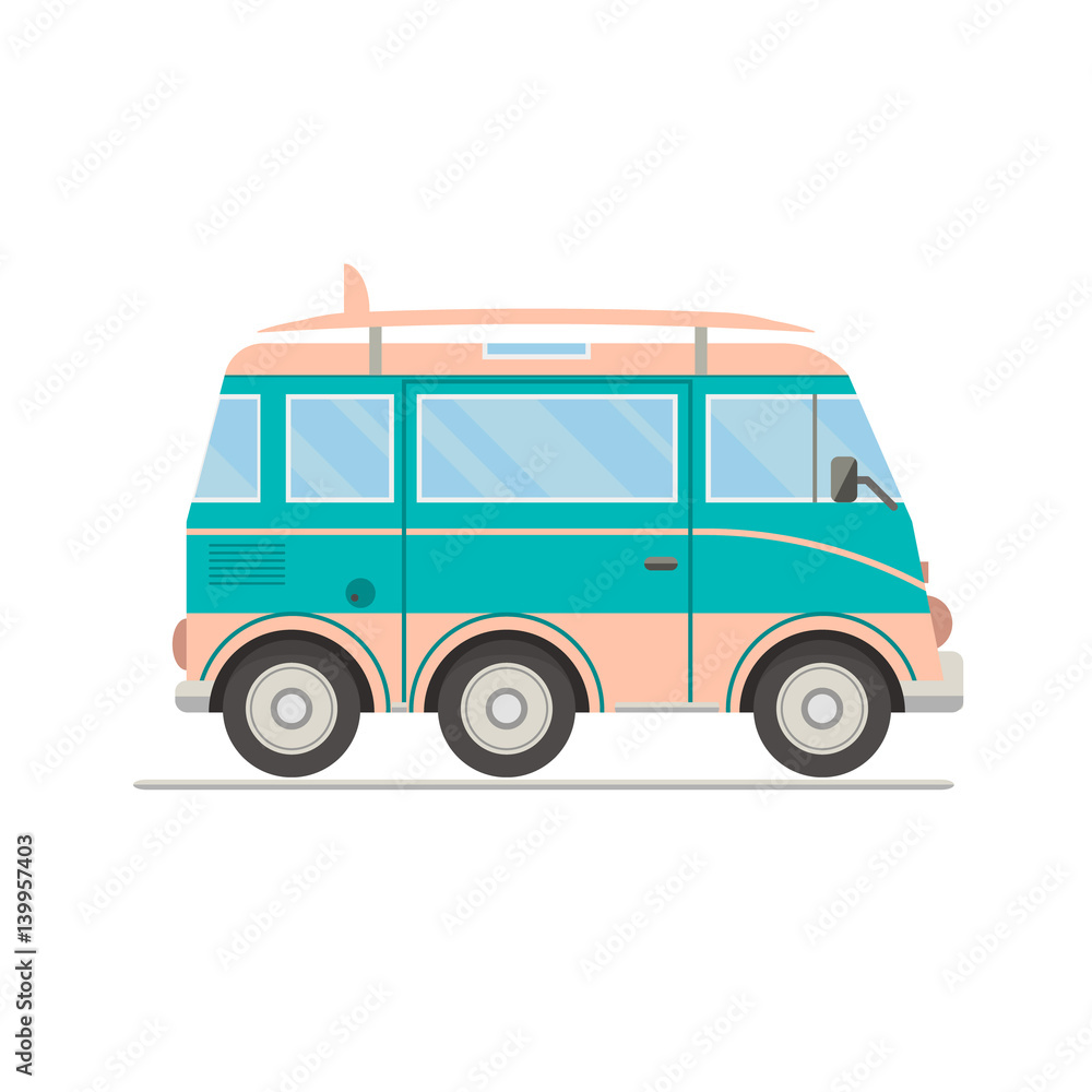 Cartoon transport.Bus with surfboard. Vector illustration