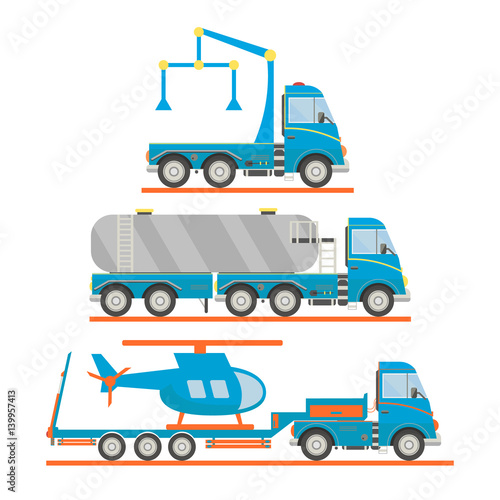 Cartoon transport set. Tow truck, tank car, lorry, helicopter. Vector illustration