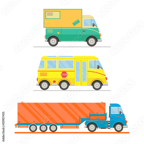 Cartoon transport set. Postal truck, school bus, semi-trailer truck. vector illustration