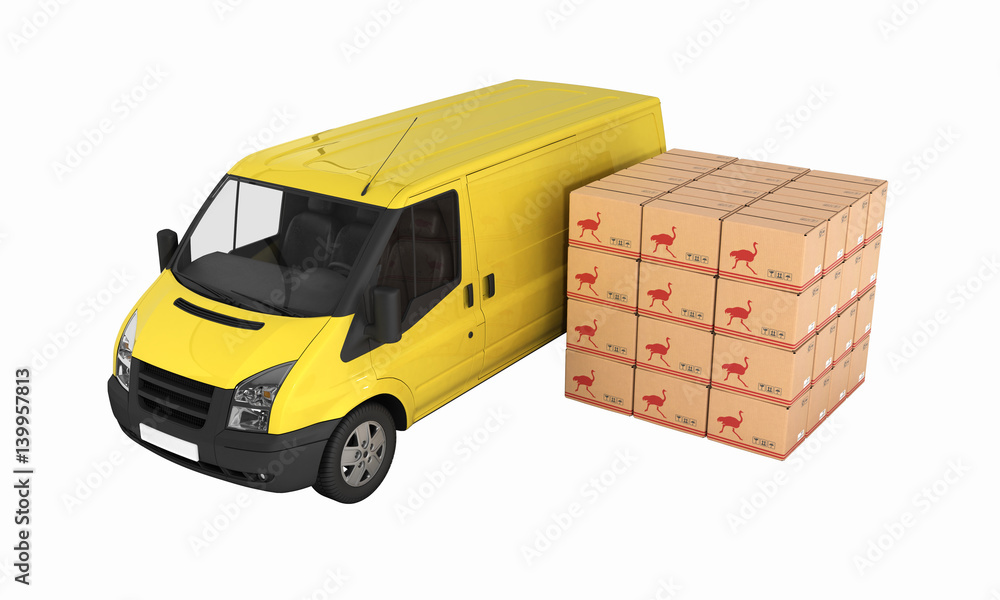 Yellow delivery van with cardboard boxes without shadow on white background 3d Yellow delivery van with cardboard boxes without shadow on white background 3d