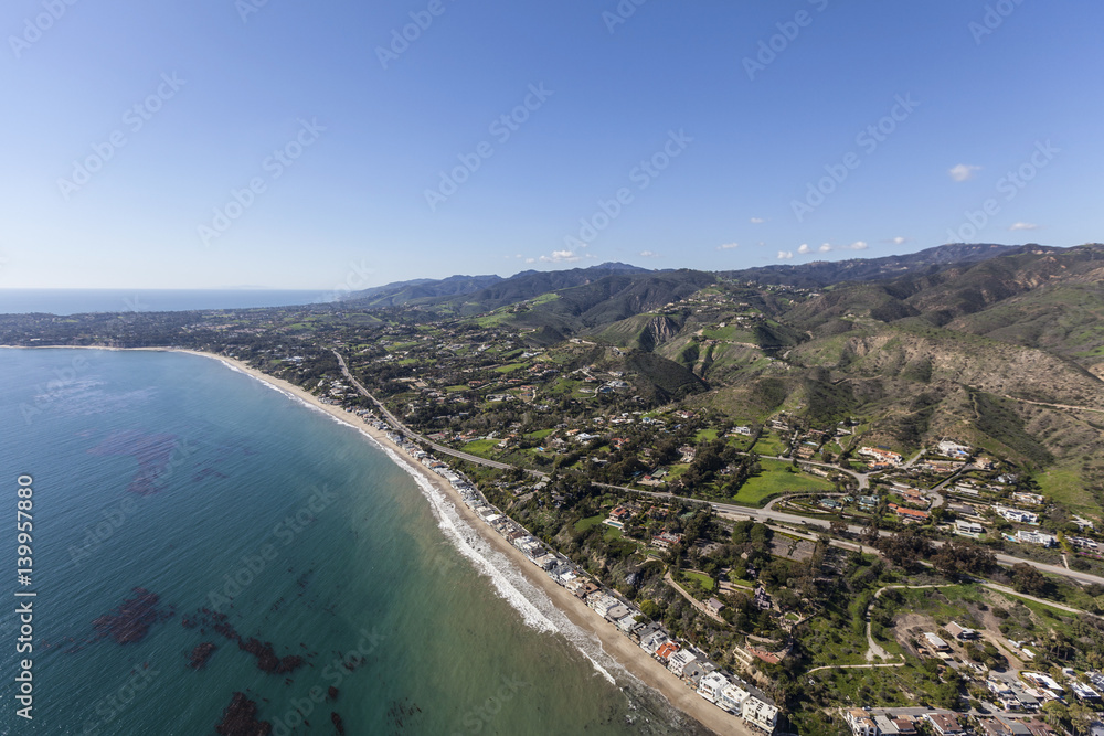 Aerial view of pacific coast beach homes in Malibu, California. Aerial view of pacific coast beach homes in Malibu, California.