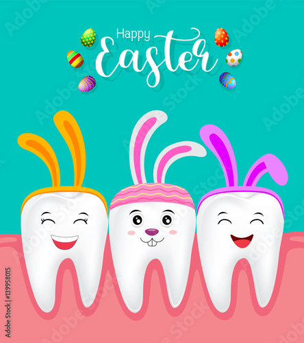 Cute tooth characters with rabbit ears decoration. Happy Easter concept. illustration isolated on green background.