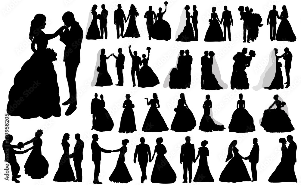 vector, isolated large set of silhouettes of wedding, the bride and ...