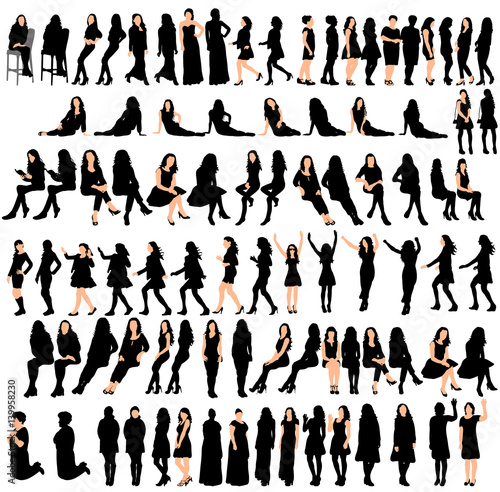 vector, isolated large set of silhouettes of girls and women