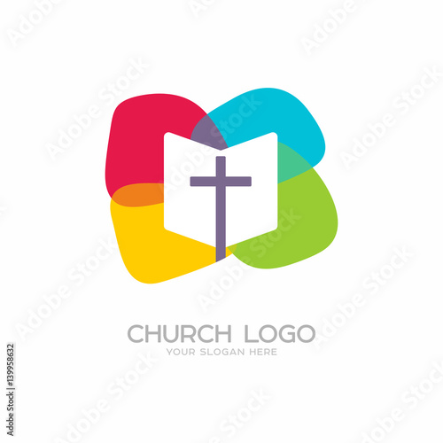 Church logo. Christian symbols. The Cross of the Lord and Savior Jesus Christ and the Holy Scripture