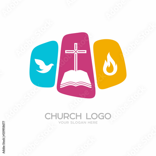 Church logo. Christian symbols. The cross of Jesus Christ is the bible and the Holy Spirit in the form of a dove and the flame of fire.
