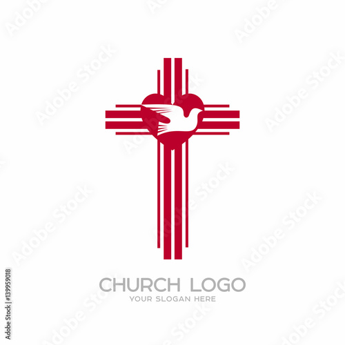 Church logo. Christian symbols. The cross of the Lord and Savior Jesus Christ, the heart and the Holy Spirit is a dove.