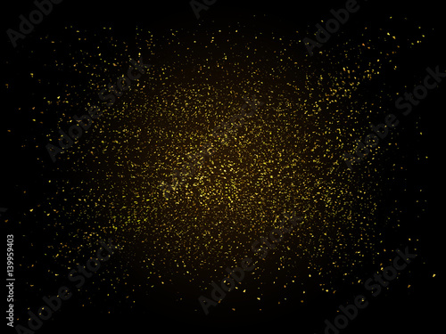 Golden glitter on black background. Gold sparkles backdrop. Golden explosion 3D illustration