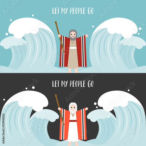 moses separate the sea in exodus, flat design vector