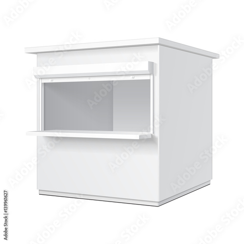 Promotional Or Trade Outdoor Kiosk, Stand, Newsstand. Open-fronted Hut Or Cubicle. Mock Up, Template. Illustration Isolated On White Background. Ready For Your Design. Product Advertising Vector EPS10