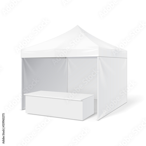 Promotional Outdoor Event Trade Show Pop-Up Tent Mobile Marquee. Mock Up, Template. Illustration Isolated On White Background. Ready For Your Design. Product Advertising. Vector EPS10