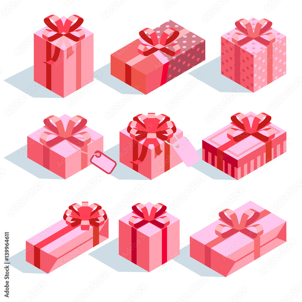 Pink gift boxes with ribbon bows vector icons set Pink gift boxes with ribbon bows vector icons set