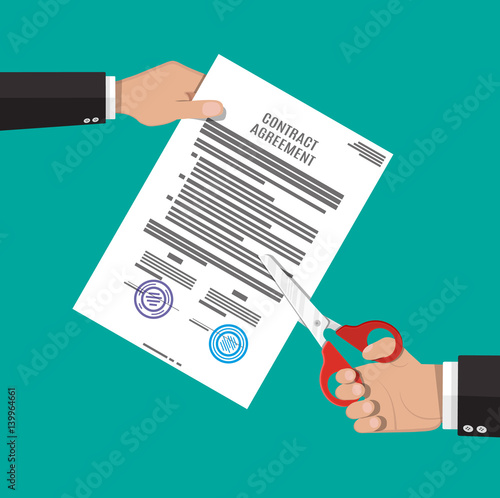 Businessman hand with scissors cutting contract