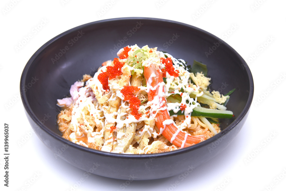Chilled Ramen noodles , Hiyashi Chuka isolated on white background with Clipping Path Chilled Ramen noodles , Hiyashi Chuka isolated on white background with Clipping Path