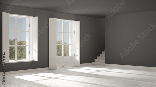Empty room with windows and stairs  minimalist scandinavian interior design