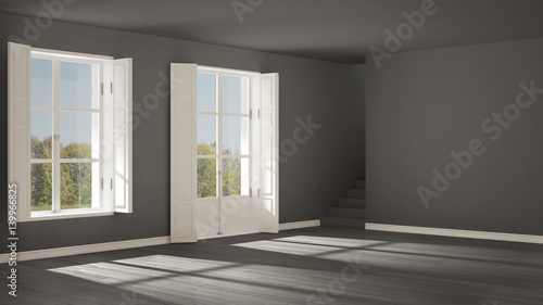 Empty room with windows and stairs, minimalist scandinavian interior design