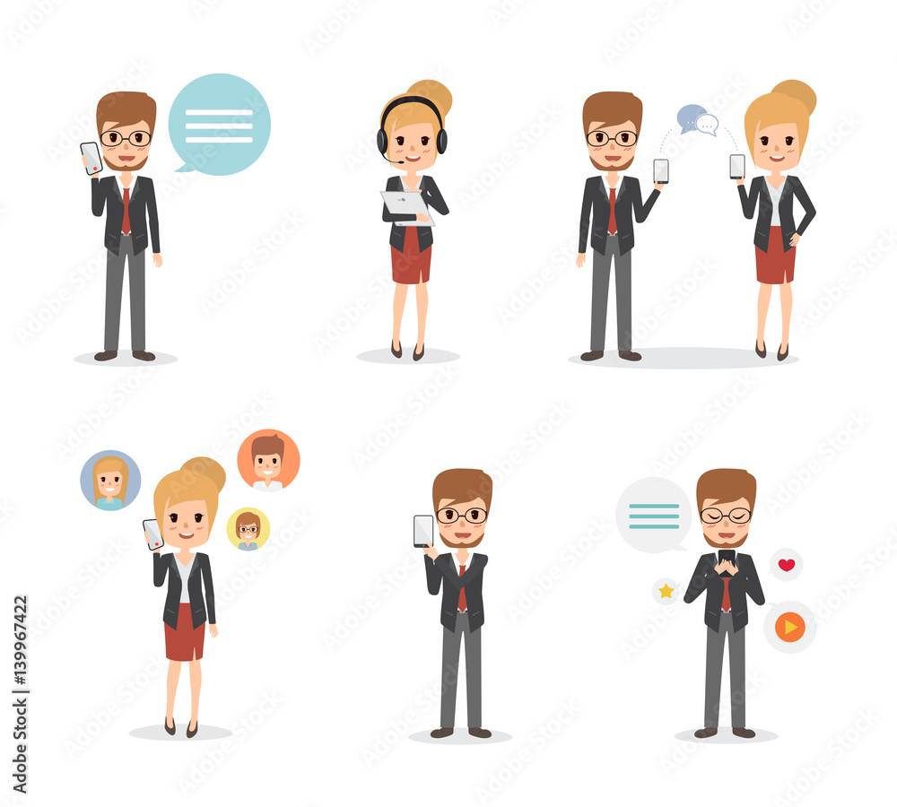 businessman and business woman in job character at office. communication technology infographic. flat design vector. businessman and business woman in job character at office. communication technology infographic. flat design vector.