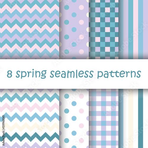 Set of Geometric Seamless Patterns with Polka Dot, Square, Stripes and Chevron in pastel spring colors. Perfect for wallpaper, textile, Easter, Valentine, birthday and wedding cards