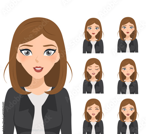 business woman face emotions character. avatar woman collection.